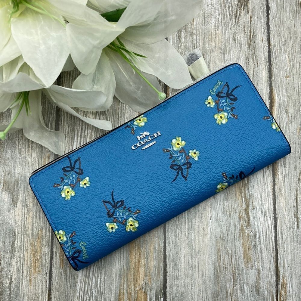 Coach City Slim Wallet With Blue Floral Bow Print Leather Bag Purse